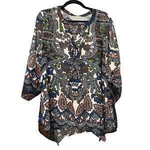 Democracy Womens XL Sheer Multicolor Boho Button-Front Tunic Top 3/4 Sleeves